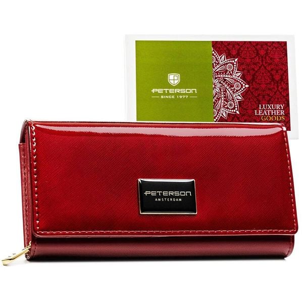 Skórzany portfel damski z klapką w czerwonym kolorze PTN PH20-1-SAF Peterson. Czerwone portfele damskie Peterson, ze skóry. Za 86.99 zł.