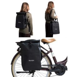 Wodoodporny plecak rowerowy 3w1 – plecak, sakwa na bagażnik i torba na ramię. Czarne plecaki męskie RAINJOY, bez wzorów, eleganckie. Za 290.00 zł.