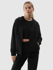 4F Bluza dresowa rozpinana z kapturem damska - czarna M. Czarne bluzy damskie 4F, l, bez wzorów, z bawełny, sportowe, bez ramiączek, z kapturem. W wyprzedaży za 79.99 zł.
