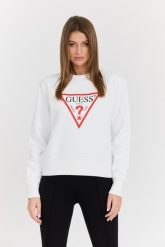 GUESS Biała damska bluza z dużym logo Original Fleece, Rozmiar M. Białe bluzy damskie Guess, m, z aplikacjami, z bawełny, bez ramiączek, bez kaptura. W wyprzedaży za 169.99 zł.