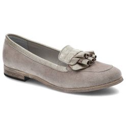 Szare Półbuty Karino Eleganckie Skórzane Buty Damskie. Szare półbuty damskie Karino, z aplikacjami, ze skóry, eleganckie, bez obcasa, na obcasie, bez zapięcia. Za 209.00 zł.