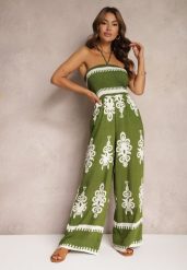 Zielony Taliowany Kombinezon z Wiskozy Ozdobiony Geometrycznym Motywem Perceria. Zielone sukienki damskie Renee, na spotkanie biznesowe, m, bez wzorów, z wiskozy, eleganckie, bez kołnierzyka, bez ramiączek, dopasowane. Za 89.99 zł.