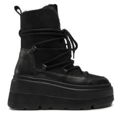 Trzewiki R.Polański. Czarne botki damskie R.Polański, bez wzorów, bez obcasa, na koturnie, bez zapięcia. Za 439.99 zł.