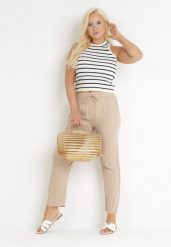 Beżowe Materiałowe Spodnie z Gumką w Talii Airiana. Brązowe spodnie materiałowe damskie Born2be, bez wzorów, z jeansu, eleganckie, plus size. Za 14.99 zł.