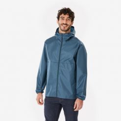 Kurtka turystyczna męska Quechua Raincut zamek. Czarne kurtki męskie QUECHUA, l, bez wzorów, z materiału, sportowe, bez kaptura. Za 79.99 zł.