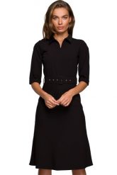 Elegancka sukienka koszulowa z kołnierzykiem i paskiem w talii czarna. Czarne sukienki damskie Stylove, do pracy, m, bez wzorów, biznesowe, bez kołnierzyka, bez ramiączek, koszulowe. Za 329.00 zł.