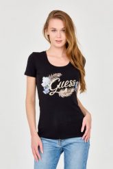 GUESS Damski czarny t-shirt ze zdobionym logo. Czarne t-shirty damskie Guess, s, z aplikacjami, bez kołnierzyka, bez ramiączek. W wyprzedaży za 199.99 zł.