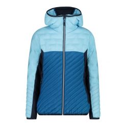 Hybrydowa kurtka damska z kapturem CMP Unlimitech. Niebieskie kurtki sportowe damskie CMP, bez wzorów, z puchu, bez ramiączek, z kapturem, trekkingowe. W wyprzedaży za 599.50 zł.