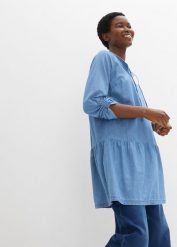 Tunika z denimu, z falbaną i długim rękawem, z bawełny organicznej. Niebieskie tuniki damskie bonprix, bez wzorów, z bawełny, bez ramiączek. Za 74.99 zł.