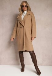 Brązowy Dwurzędowy Płaszcz Oversize z Wełną Spolete. Brązowe płaszcze damskie Renee, bez wzorów, z wełny, eleganckie, bez kołnierzyka, bez kaptura. Za 289.99 zł.
