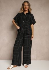 Czarny Komplet z Wiskozą i Lnem Spodnie i Koszula z Geometrycznym Motywem Fevalette. Czarne koszule damskie Renee, l, bez wzorów, z wiskozy, eleganckie, bez kołnierzyka, bez ramiączek. Za 99.99 zł.