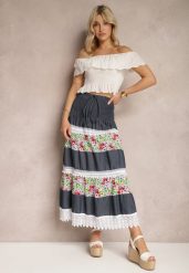 Granatowo-Biała Bawełniana Spódnica High Waist z Gumką w Talii i Ozdobną Koronką Tesaquin. Niebieskie spódnice damskie Renee, na lato, l, bez wzorów, z bawełny, z podwyższonym stanem, maxi. Za 49.99 zł.