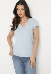 Jasnoniebieski Bawełniany T-shirt z Trójkątnym Dekoltem Ulivaria. Niebieskie t-shirty damskie Born2be, l, bez wzorów, z bawełny, bez kołnierzyka, bez ramiączek. Za 29.99 zł.