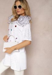 Biała Bawełniana Bluzka Prosta z Kryształkami i Cyrkoniami Leokka. Białe bluzki damskie Renee, bez wzorów, z bawełny, bez kołnierzyka, bez ramiączek. Za 39.99 zł.