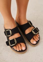 Czarne Klapki VICES Ozdobione Dużymi Klamrami Jenniviane. Czarne klapki damskie Renee, na lato, bez wzorów, z jeansu, eleganckie, bez obcasa, na płaskiej podeszwie, bez zapięcia. Za 99.99 zł.