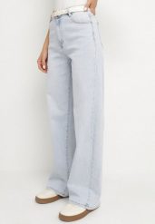 Jasnoniebieskie Bawełniane Szerokie Jeansy z Wysokim Stanem Tunelle. Niebieskie jeansy damskie Born2be, bez wzorów, z bawełny, eleganckie, z podwyższonym stanem. Za 109.99 zł.