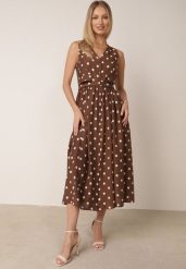 Brązowa Sukienka w Grochy Bez Rękawów z Paskiem w Talii Andriore. Brązowe sukienki damskie Born2be, na co dzień, l, bez wzorów, eleganckie, bez kołnierzyka, bez ramiączek, maxi. Za 169.99 zł.