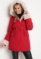 Bordowa Kurtka Parka z Kapturem i Odpinanym Futerkiem Ninria. Czerwone kurtki damskie Born2be, l, bez wzorów, z dzianiny, z kapturem. Za 259.99 zł.