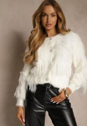 Jasnobeżowy Kardigan w Eleganckim Stylu z Imitacją Piór i Perłowymi Guzikami Nessea. Brązowe kardigany damskie Renee, s, bez wzorów, z jeansu, eleganckie, bez kołnierzyka. Za 79.99 zł.