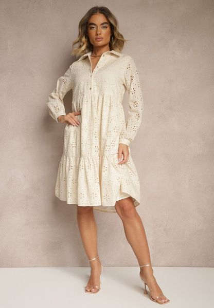 Beżowa Haftowana Sukienka z Bawełny Folisse. Brązowe sukienki damskie Renee, l, bez wzorów, z bawełny, eleganckie, bez kołnierzyka, bez ramiączek, midi. Za 139.99 zł.