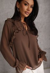 Brązowa Bluzka w Stylu Coquette z Falbankami i Wiązaniem przy Szyi Seathrina. Brązowe bluzki damskie Renee, l, bez wzorów, z jeansu, bez kołnierzyka, bez ramiączek. Za 99.99 zł.
