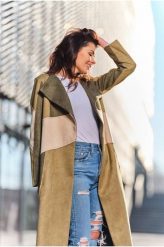 Długi Zamszowy Płaszcz Wiązany Paskiem - Khaki. Brązowe płaszcze damskie Awama, l, bez wzorów, z elastanu, bez kołnierzyka, bez kaptura. Za 319.90 zł.