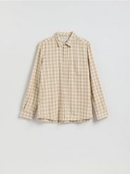 Koszula regular z lnem - beżowy. Brązowe koszule męskie Reserved, l, bez wzorów, z tkaniny, bez kołnierzyka, bez ramiączek. Za 129.99 zł.