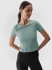 4F Koszulka do jogi i pilatesu slim szybkoschnąca damska - turkusowa L. Niebieskie koszulki sportowe damskie 4F, l, bez wzorów, z dzianiny, bez ramiączek, na fitness i siłownię. W wyprzedaży za 39.99 zł.