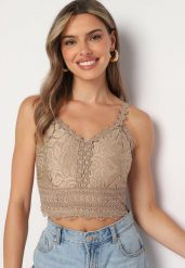 Ciemnobeżowy Top Koronkowy z Bawełny na Ramiączkach Yaldia. Brązowe topy damskie Born2be, m, bez wzorów, z bawełny, eleganckie, bez kołnierzyka, bez ramiączek. Za 39.99 zł.