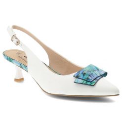 Czółenka damskie S.Barski, slingback ze skóry naturalnej z dekoracyjną aplikacją na niskim obcasie zapinane sprzączką, białe, LZ61-2006. Białe czółenka damskie S.BARSKI, z aplikacjami, ze skóry, bez obcasa, bez zapięcia. Za 233.90 zł.