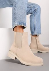 Beżowe Klasyczne Botki w Stylu Sztybletów z Imitacji Zamszu Kaivina. Brązowe botki damskie Renee, bez wzorów, z jeansu, eleganckie, bez obcasa, na płaskiej podeszwie, bez zapięcia. Za 139.99 zł.