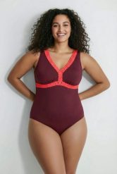 Damski Strój kąpielowy obszycia miękkie miseczki głębokie plecy z recyklingu. Fioletowe stroje kąpielowe damskie Ulla Popken, plus size, bez wzorów, z elastanu. Za 191.99 zł.