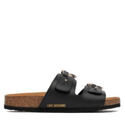 Klapki LOVE MOSCHINO. Czarne klapki damskie Love Moschino, bez wzorów, bez obcasa, bez zapięcia. Za 519.99 zł.