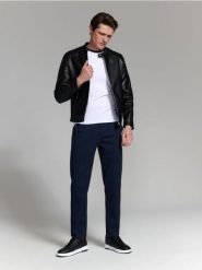 Kurtka biker - czarny. Czarne kurtki męskie Sinsay, l, bez wzorów, ze skóry, klasyczne, bez kaptura. Za 99.99 zł.