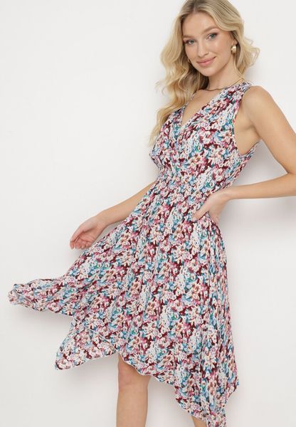 Bordowo-Niebieska Bawełniana Sukienka Kopertowa o Rozkloszowanym Kroju w Kwiatowy Print Brosa. Brązowe sukienki damskie Born2be, na lato, l, bez wzorów, z bawełny, bez kołnierzyka, bez ramiączek, kopertowe. Za 59.99 zł.