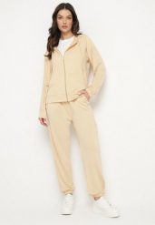 Beżowy 2-częściowy Komplet Dresowy Bluza z Kapturem Spodnie z Gumką w Pasie Regulowane Tellfana. Brązowe bluzy damskie Born2be, m, bez wzorów, z dresówki, bez ramiączek, z kapturem. Za 79.99 zł.
