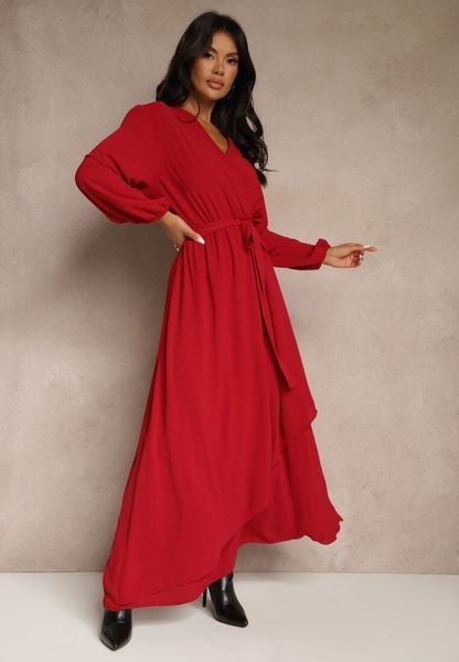 Czerwona Asymetryczna Koktajlowa Sukienka z Wiskozą Kopertowym Dekoltem i Paskiem Laniea. Czerwone sukienki damskie Renee, na imprezę, xl, bez wzorów, z wiskozy, eleganckie, z asymetrycznym kołnierzem, bez ramiączek, maxi, asymetryczne. Za 129.99 zł.