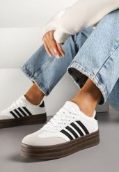 Biało-Czarne Sneakersy Kultowe Tenisówki na Grubej Podeszwie z Tłoczeniami Ellimia. Białe trampki i tenisówki damskie Renee, bez wzorów, z jeansu, bez zapięcia. Za 99.99 zł.