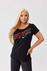 Czarna bawełniana bluzka z haftem kwiatowym i wiązaniem z frędzlami OVERSIZE PLUS SIZE WIOSNA LATO. Czarne bluzki damskie Moda Size Plus Iwanek, l, z aplikacjami, z bawełny, biznesowe, bez kołnierzyka, plus size, bez ramiączek. Za 129.90 zł.