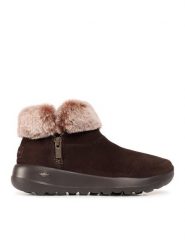 Skechers Botki On The Go Joy 144003/CHOC Brązowy. Brązowe botki damskie Skechers, bez wzorów, ze skóry, bez obcasa, na płaskiej podeszwie, bez zapięcia. Za 203.99 zł.