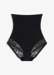 Figi shape o silnym stopniu modelowania z koronką w serduszka. Czarne majtki damskie bonprix, z koronki. Za 77.99 zł.
