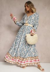 Niebieska Wiskozowa Sukienka z Printem w Stylu Boho z Chwostami Erianea. Niebieskie sukienki damskie Renee, na co dzień, l, bez wzorów, z wiskozy, boho, bez kołnierzyka, bez ramiączek, maxi, proste. Za 69.99 zł.