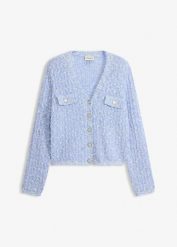 Kardigan z przędzy bouclé. Niebieskie kardigany damskie bonprix, bez wzorów, eleganckie, bez kołnierzyka. Za 189.99 zł.