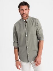 Męska koszula lniana ze stójką i kieszenią REGULAR FIT – khaki V6 OM-SHCS-0161 - XXL. Brązowe koszule męskie Ombre Clothing, na lato, l, bez wzorów, z bawełny, bez kołnierzyka, bez ramiączek. Za 131.99 zł.