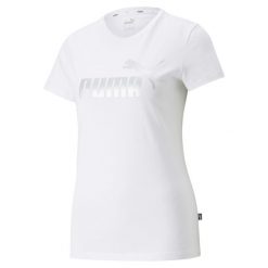 Damska koszulka z metalicznym logo Essentials+ PUMA White Silver Metallic. Białe bluzki damskie Puma, s, bez wzorów, eleganckie, bez kołnierzyka, bez ramiączek. Za 69.00 zł.