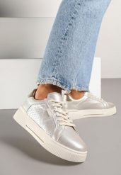 Złote Sneakersy Typu Tenisówki ze Skóry Naturalnej z Ozdobną Perforacją Vivallie. Żółte trampki i tenisówki damskie Renee, bez wzorów, z jeansu, bez zapięcia. Za 149.99 zł.