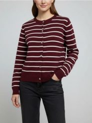 Kardigan z guzikami w paski - bordowy. Czerwone kardigany damskie Sinsay, l, bez wzorów, bez kołnierzyka. Za 49.99 zł.