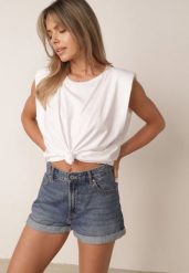 Biały Bawełniany Top Oversize Bez Rękawów z Wiązaniem i Poduszkami w Ramionach Apixie. Białe topy damskie Born2be, bez wzorów, z bawełny, eleganckie, bez kołnierzyka, bez ramiączek. Za 69.99 zł.