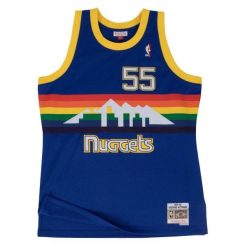 Koszulka NBA Denver Nuggets Dikembe Mutombo. Niebieskie bluzki damskie Mitchell & Ness, bez wzorów, sportowe, bez kołnierzyka, bez ramiączek. W wyprzedaży za 421.50 zł.