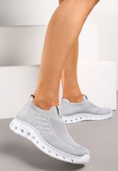 Szare Buty Sportowe z Wycięciami na Podeszwie i Elastyczną Cholewką Drakia. Szare obuwie sportowe damskie Born2be, bez wzorów, z jeansu, bez zapięcia. Za 49.99 zł.